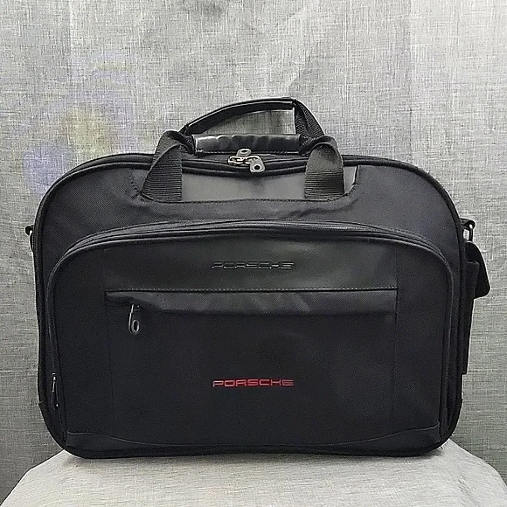 Porsche Rare Briefcase Office Sport Laptop Bag - Black Nylon, Leather Trim